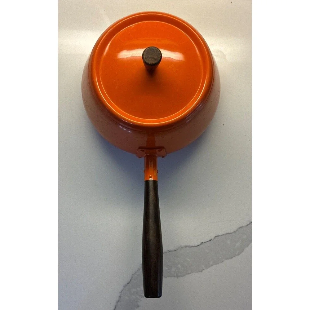 Vintage MCM Fondue Pot Orange Enamel Long Wood Handle and Lid Japan